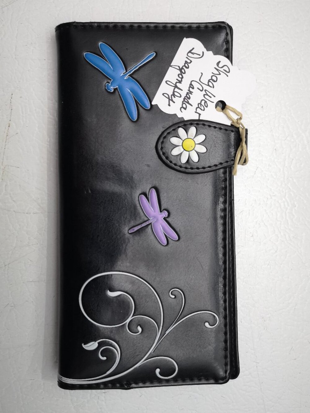 Shag Wear Vegan Leather Wallet Black with Dragon Fly's & Daisies Made in Canada